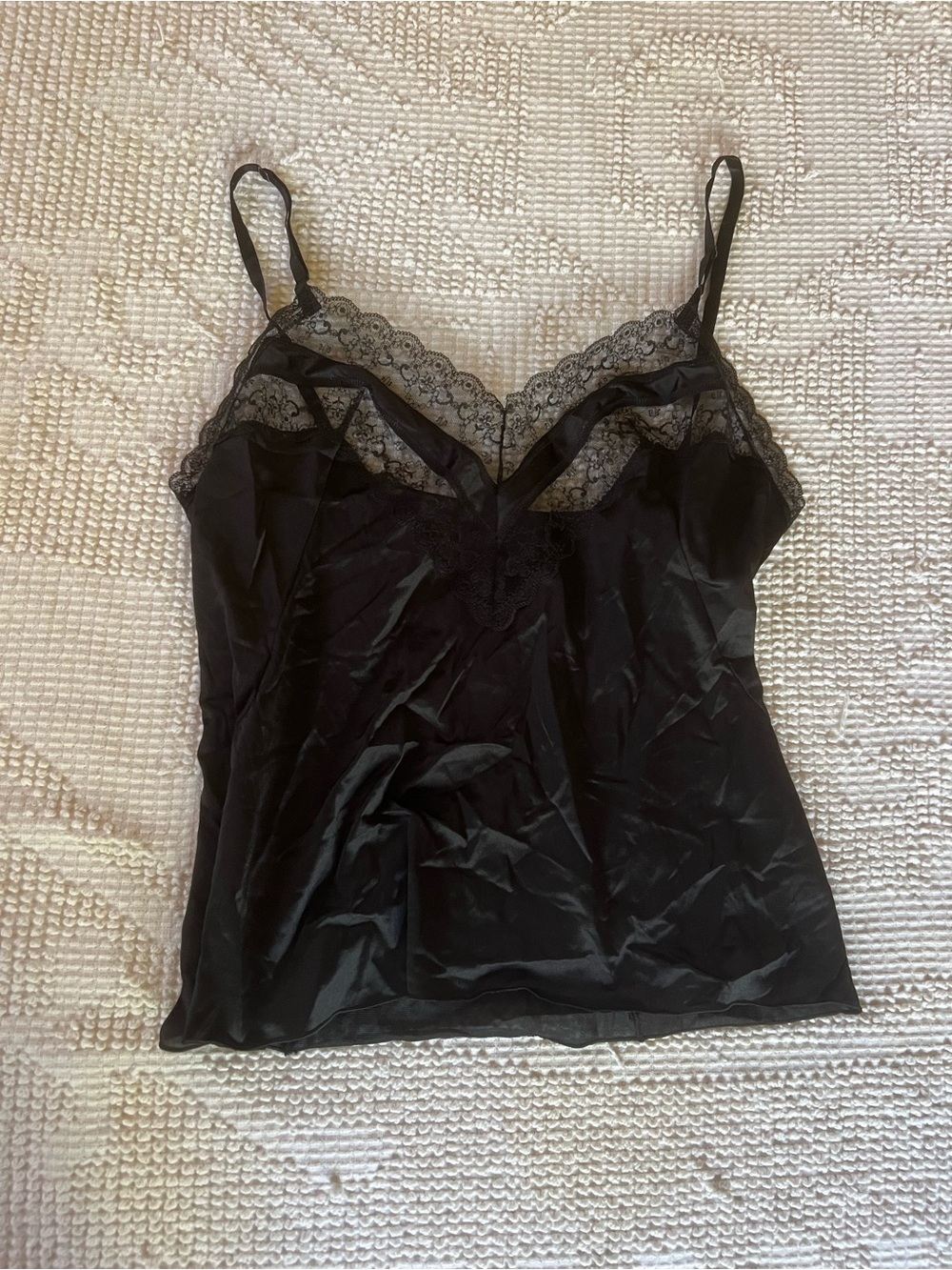 Vintage Vanity Fair Black Lace Trim Satin Cami Top